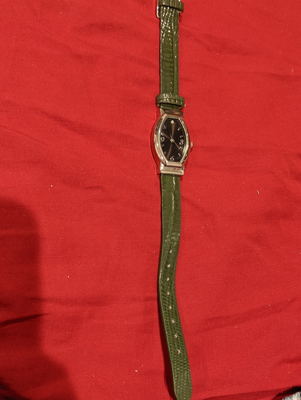 Green Leather-Strap Watch with Black Dial